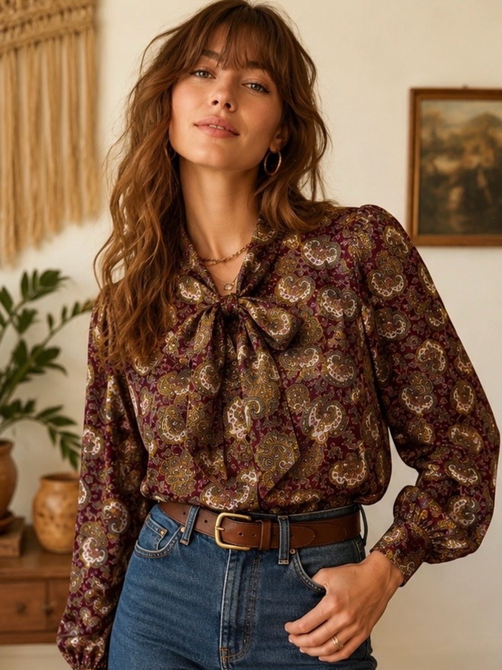 Vintage Chaus Paisley Bow Tie Blouse Burgundy Purple Secretary Top M